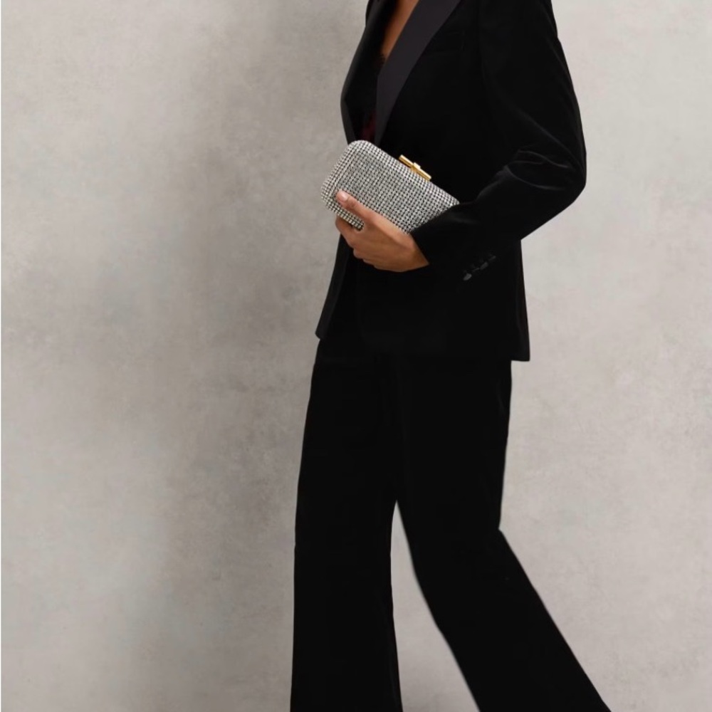 Women’s Black Velvet Pantsuit 2 Piece Formal Blazer Set